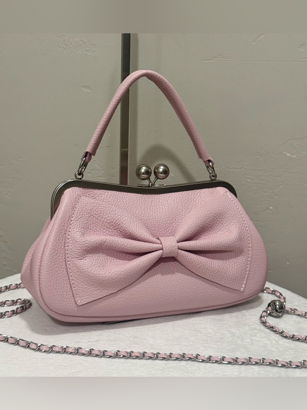Pink Premium Cowhide Calfskin Handmade Large Bow Kisslock Bag, Multi Use Style